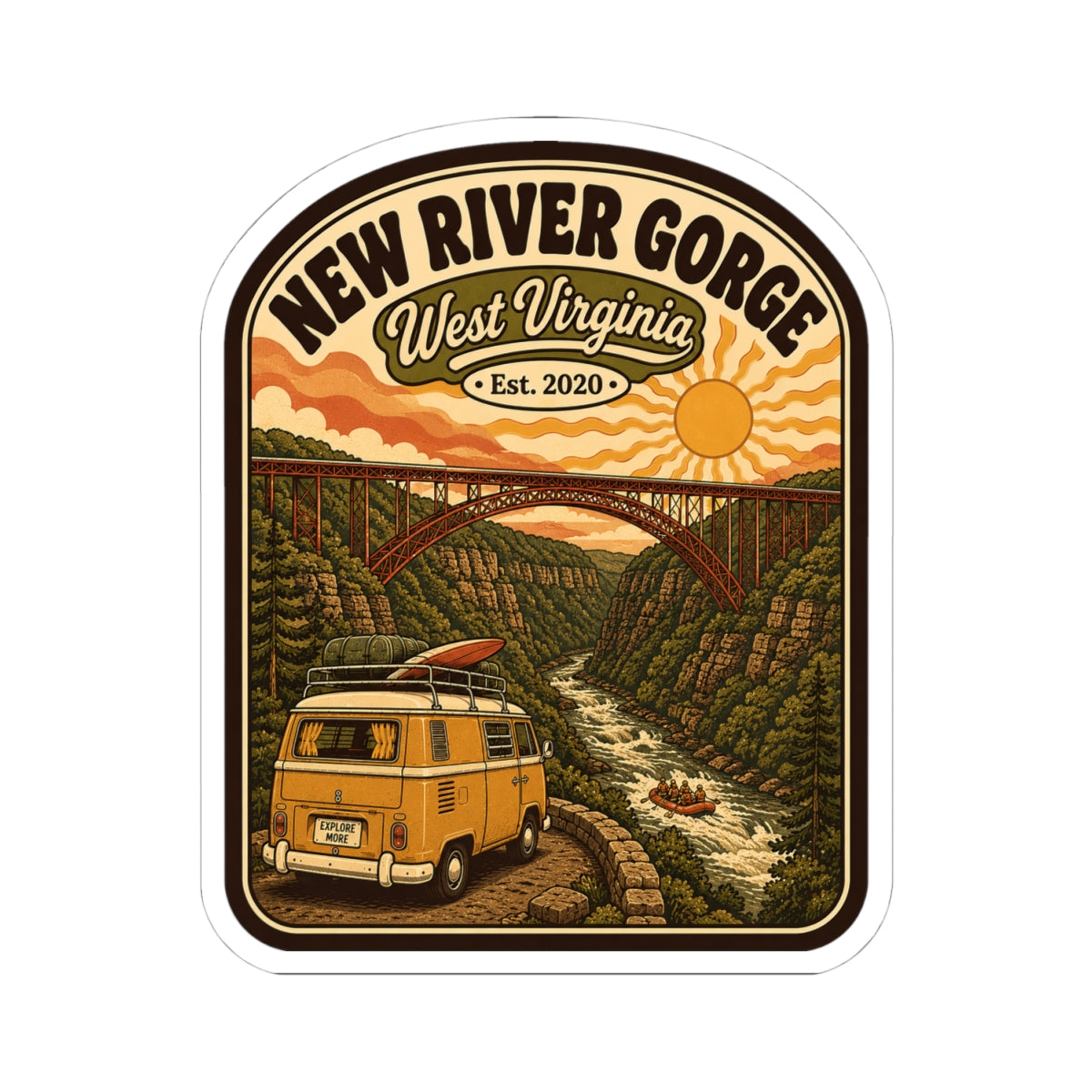 Rounded kiss-cut sticker showing New River Gorge West Virginia Est. 2020 and camper