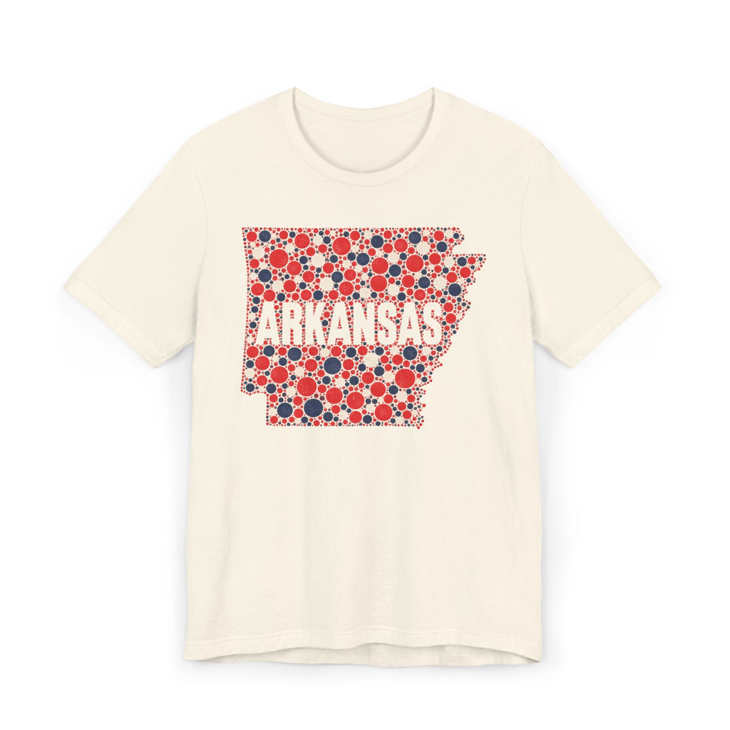 Cream T-shirt with Arkansas outline graphic in red, white, and blue dot pattern
