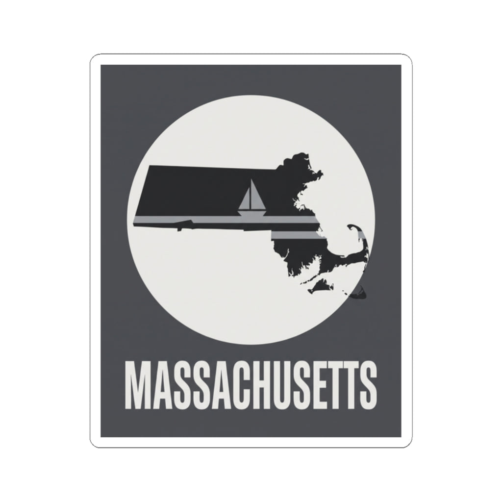 Massachusetts sailboat silhouette sticker with retro circle motif and “MASSACHUSETTS” text