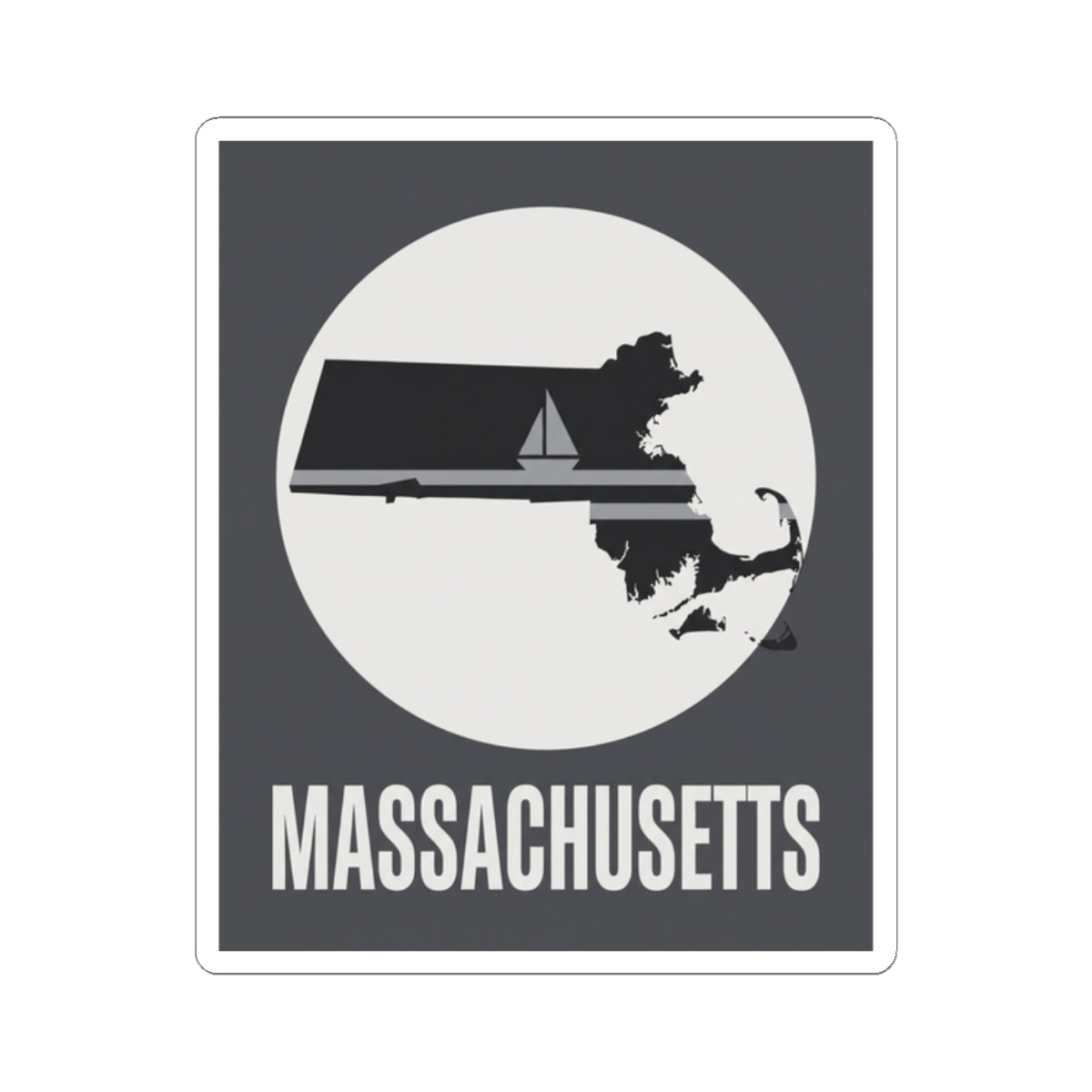 Massachusetts sailboat silhouette sticker with retro circle motif and “MASSACHUSETTS” text