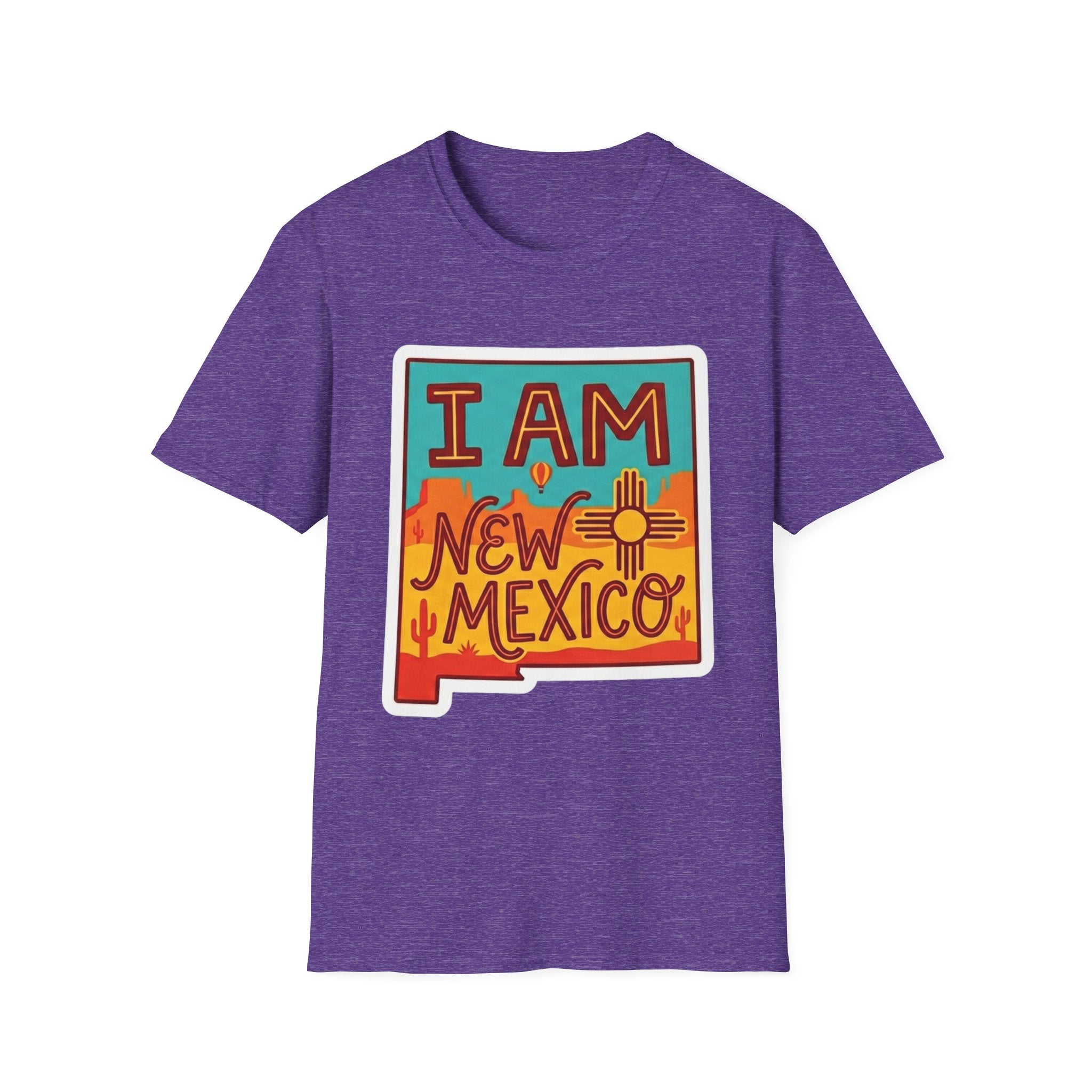 Heather purple T-shirt with 'I AM New Mexico' Zia sign graphic
