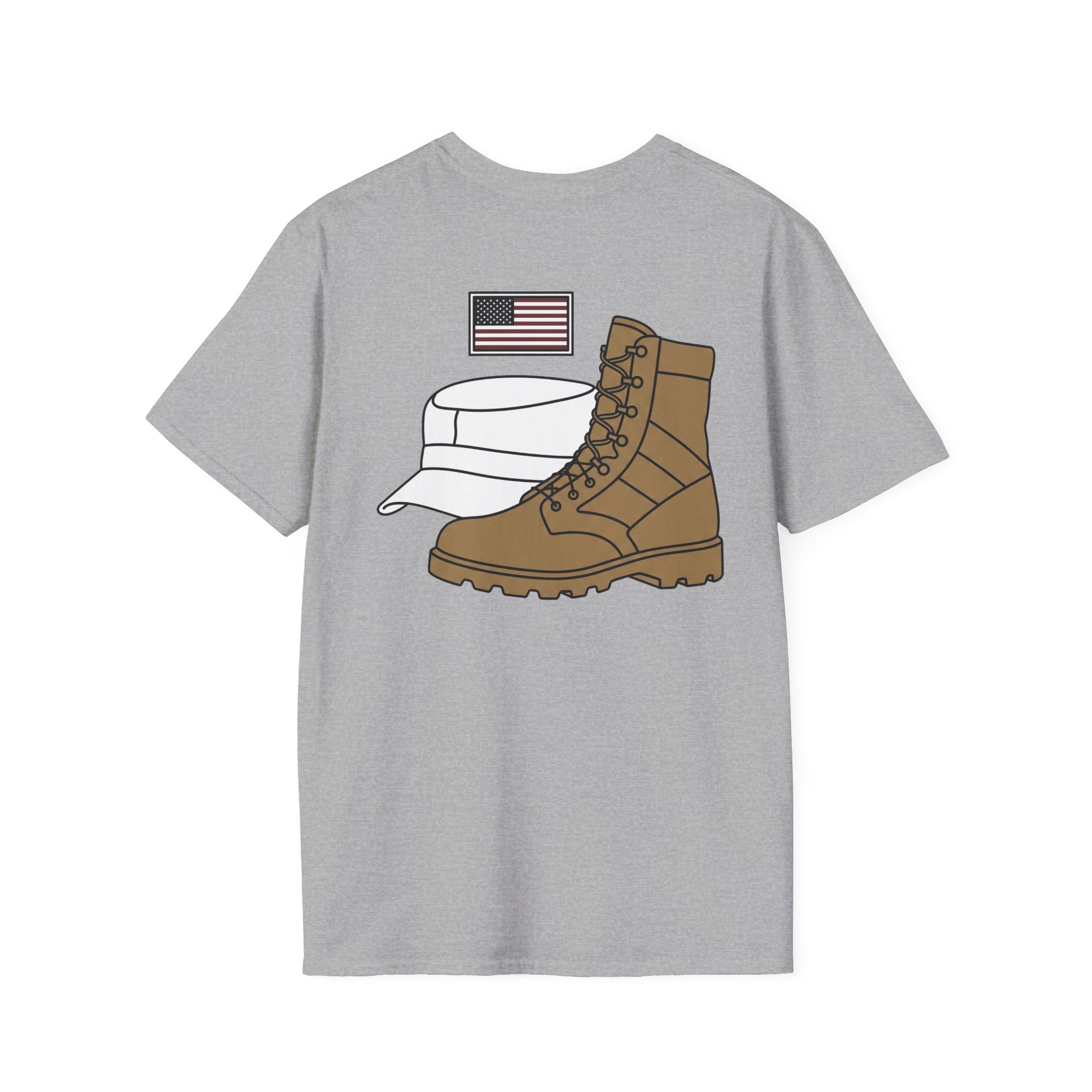 Sport gray T-shirt with American flag and tan boot graphic on the chest