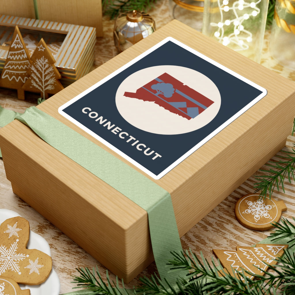 Connecticut state map sticker on wrapped gift box with retro map and 'CONNECTICUT' text