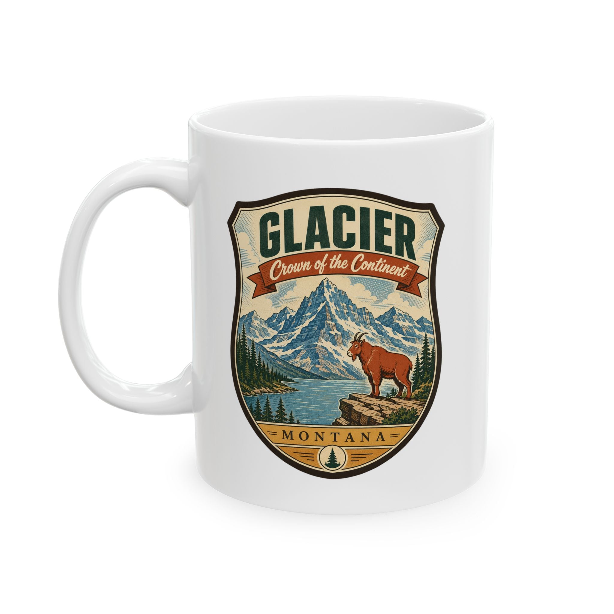 White ceramic mug with Glacier Montana logo, mountains, and bear graphic; handle on left