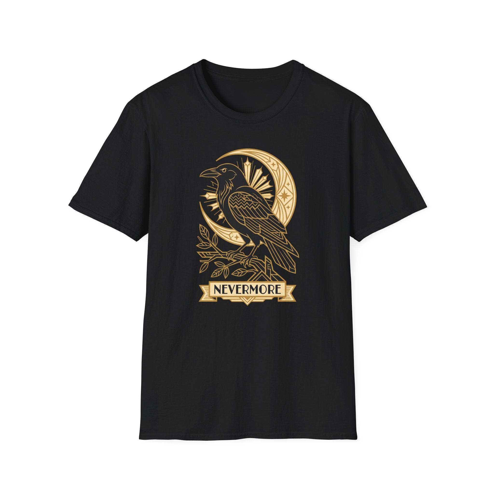Black short-sleeve crewneck T-shirt with gold raven and banner graphic
