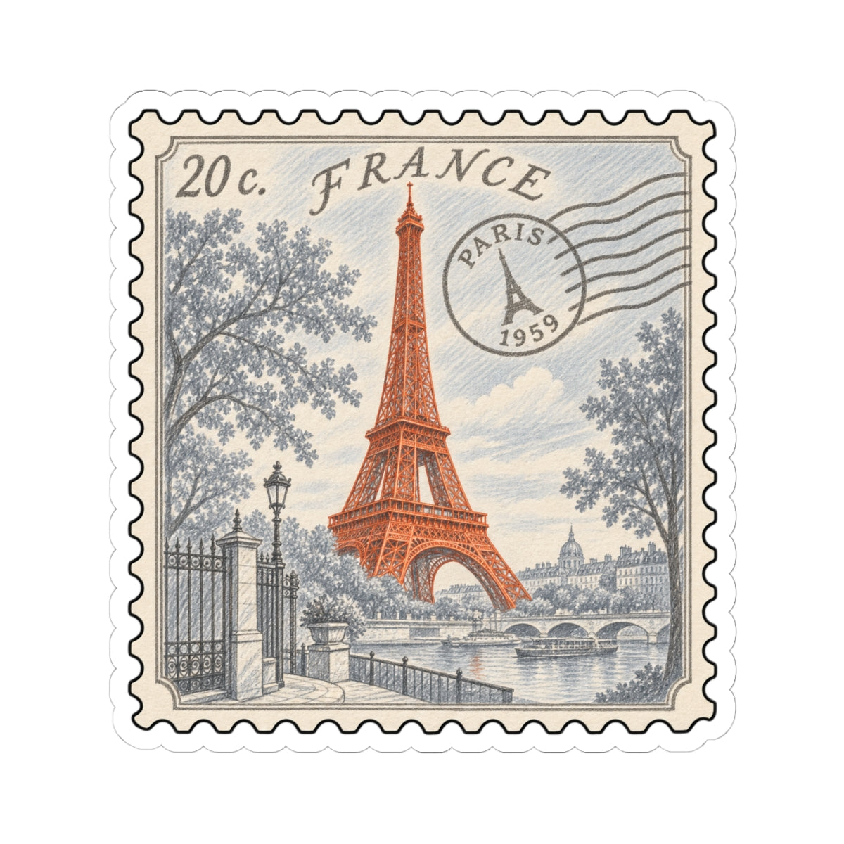 Rectangular postage stamp kiss-cut sticker with Eiffel Tower, FRANCE words, Paris 1959 seal