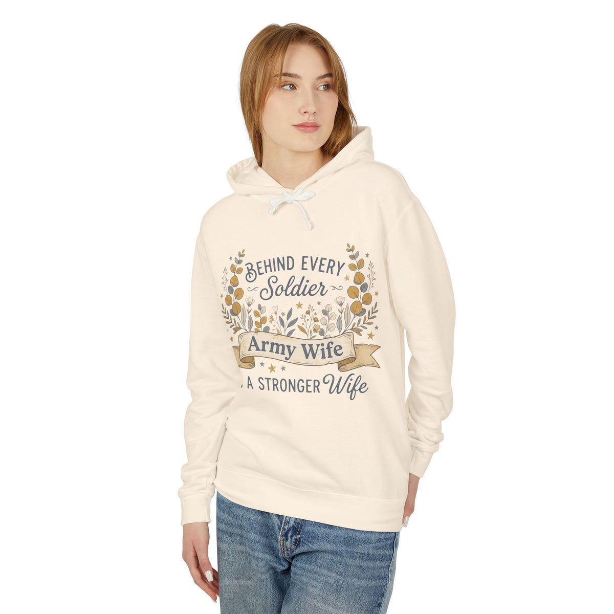 Ivory hoodie with floral wreath chest graphic, drawstring hood