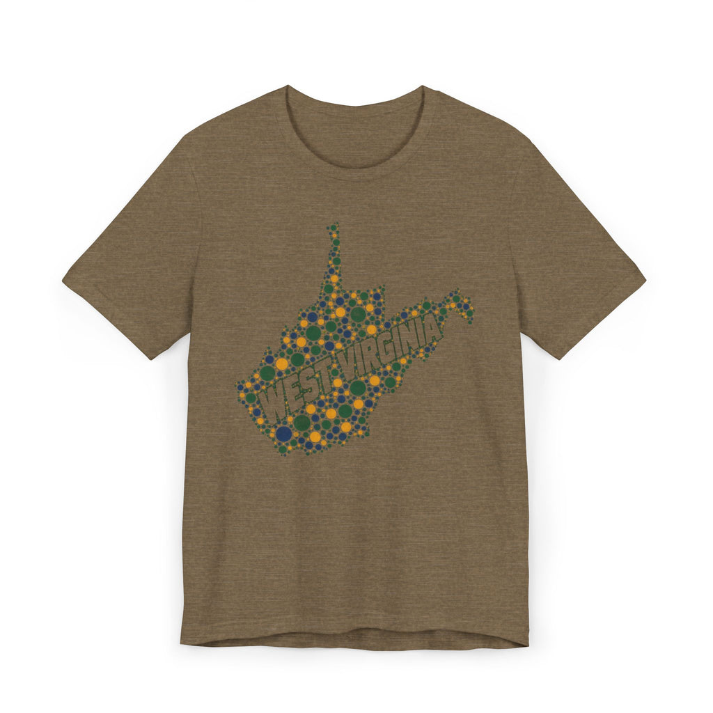 Brown West Virginia floral map graphic T-shirt with dotted state outline