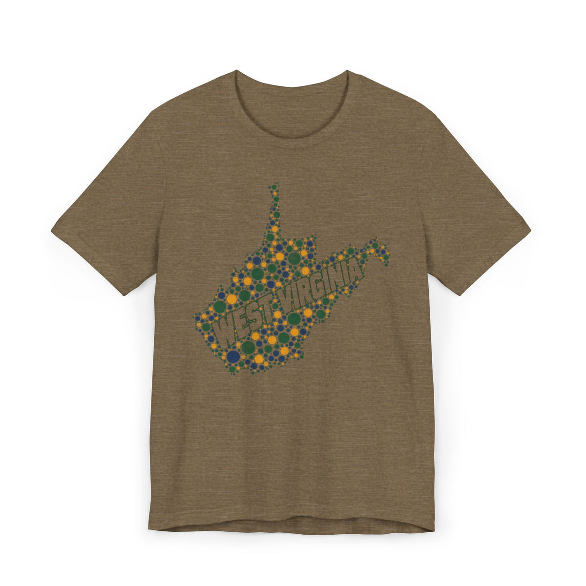 Brown West Virginia floral map graphic T-shirt with dotted state outline