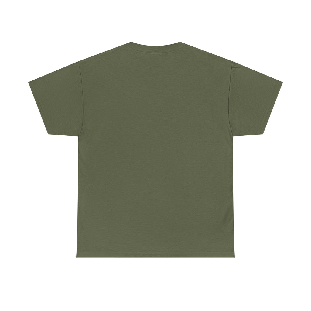 Olive green T-shirt with crew neck and short sleeves, no visible graphic on front