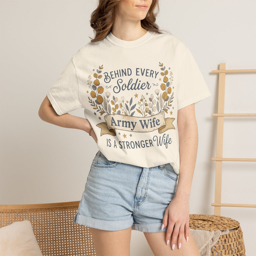 White t-shirt with floral “Behind Every Soldier” “Army Wife” print