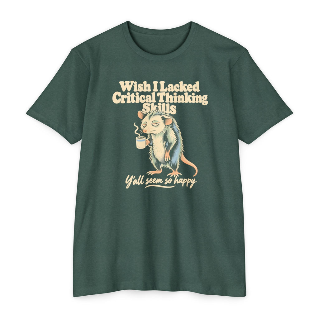 Forest green t-shirt with cartoon opossum holding a coffee cup graphic and slogan