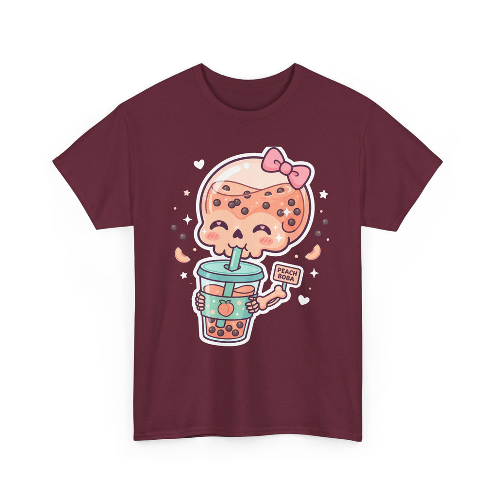 Boba Tea Skull T-Shirt, maroon, kawaii boba skull graphic on front