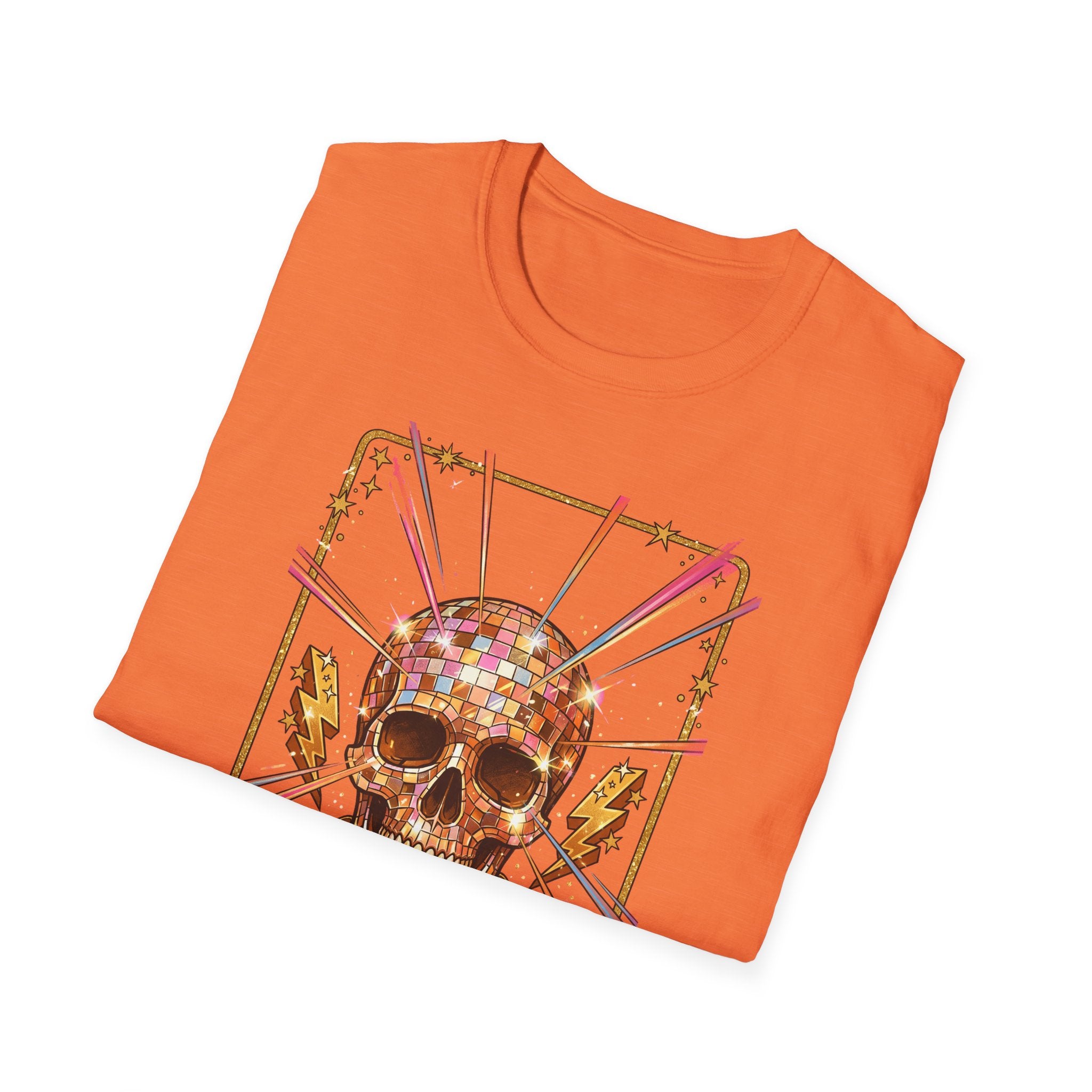 Orange T-shirt with disco skull artwork and mirrored disco ball graphic