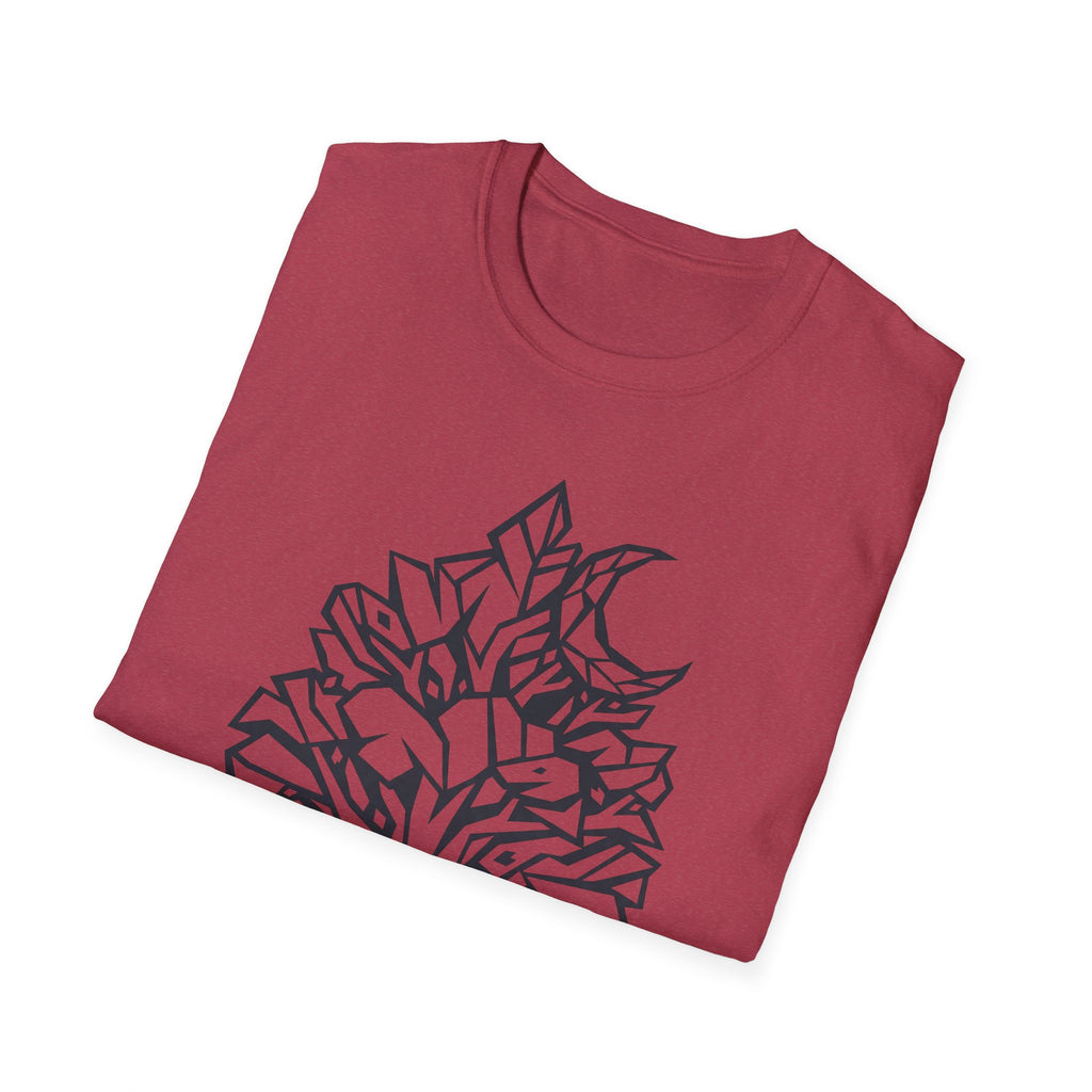 Maroon T-shirt with geometric tree and moon graphic print on the front