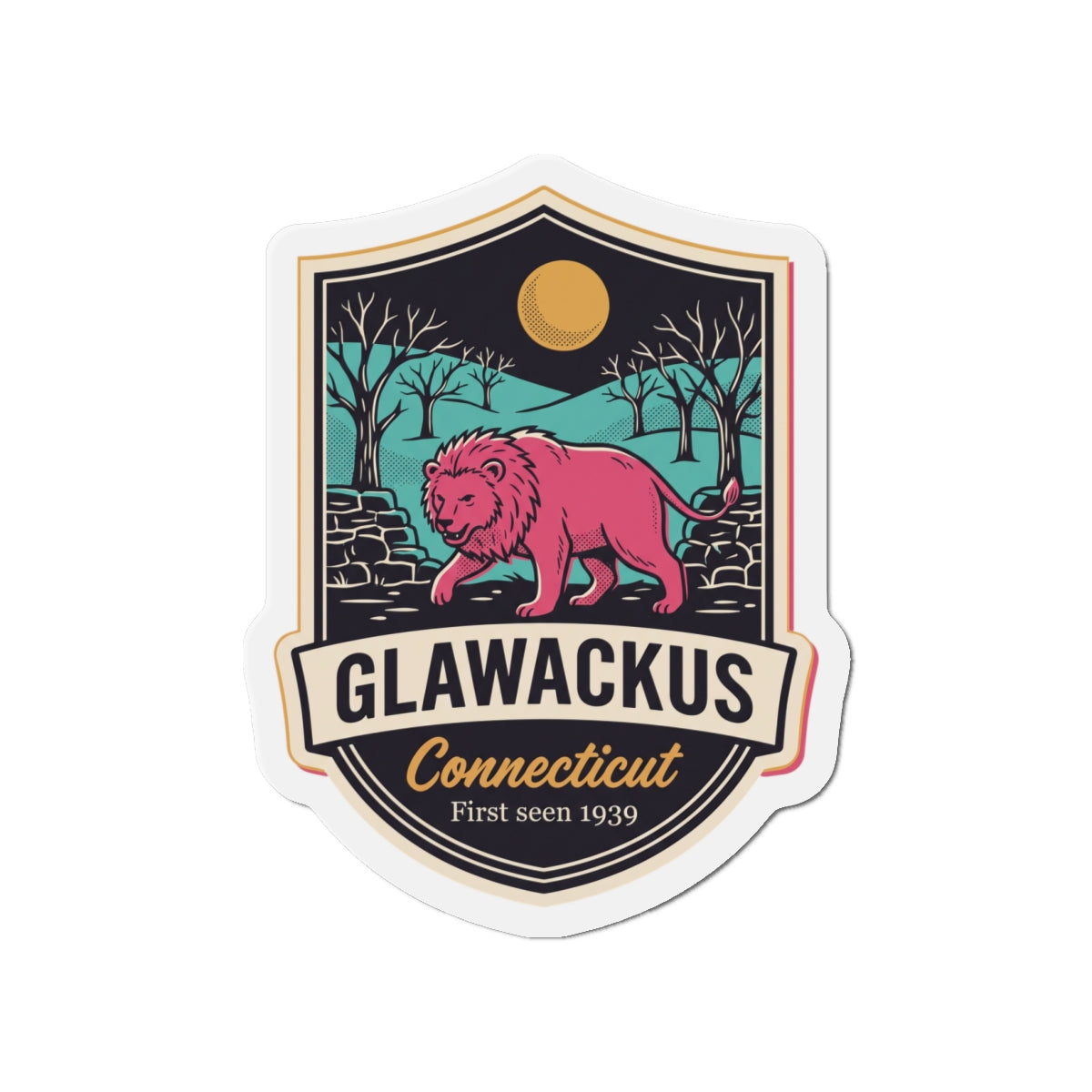 Die-cut Connecticut lion crest magnet featuring a pink lion in a retro scene shield
