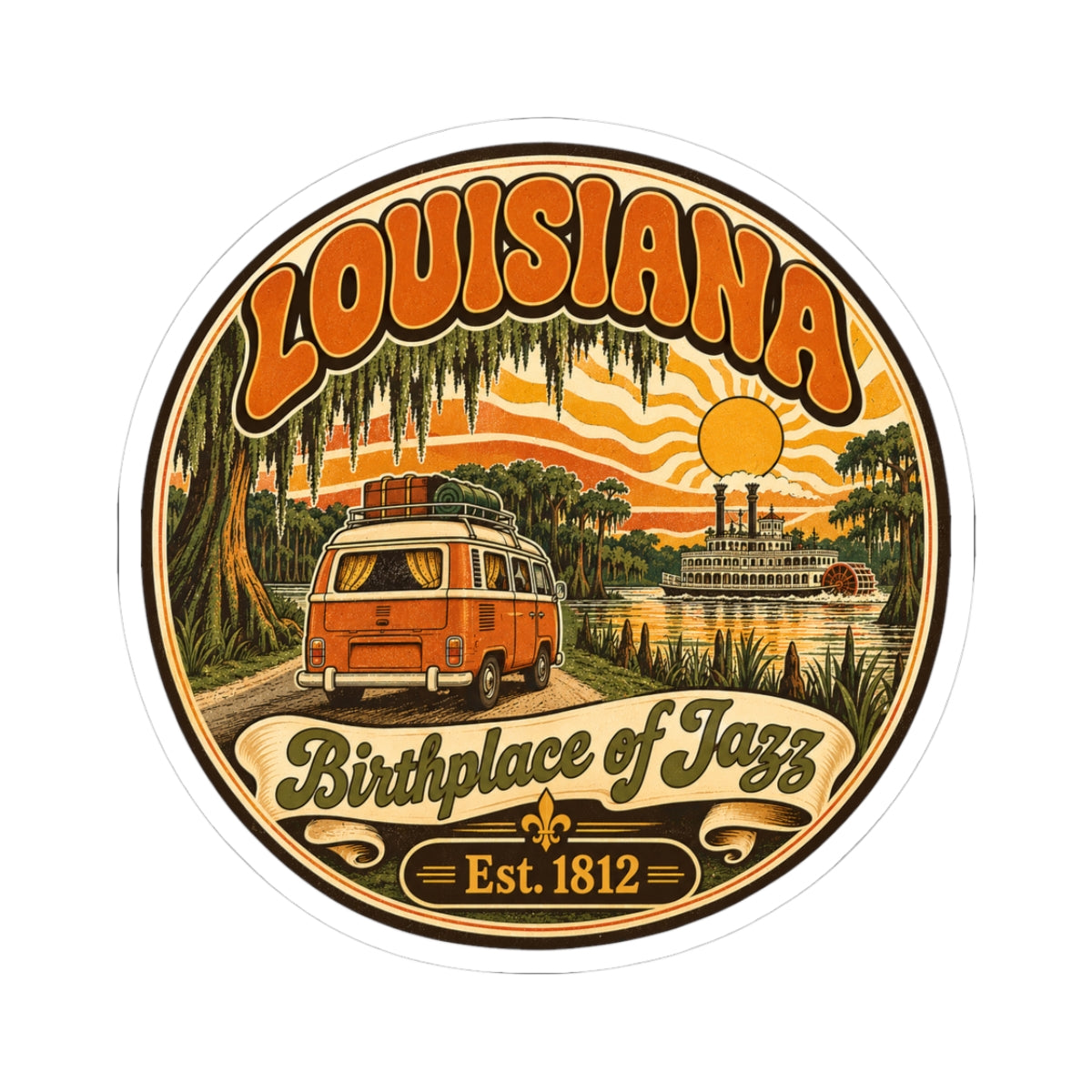 Round Louisiana Birthplace of Jazz sticker with orange van, sun, palms, and Est. 1812