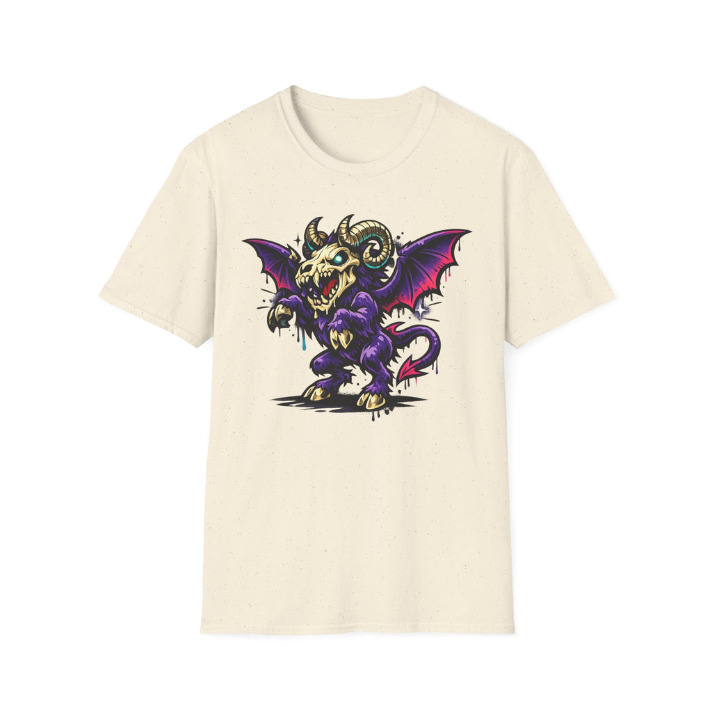 Cream short-sleeve graphic T-shirt with purple bat-skull ram creature