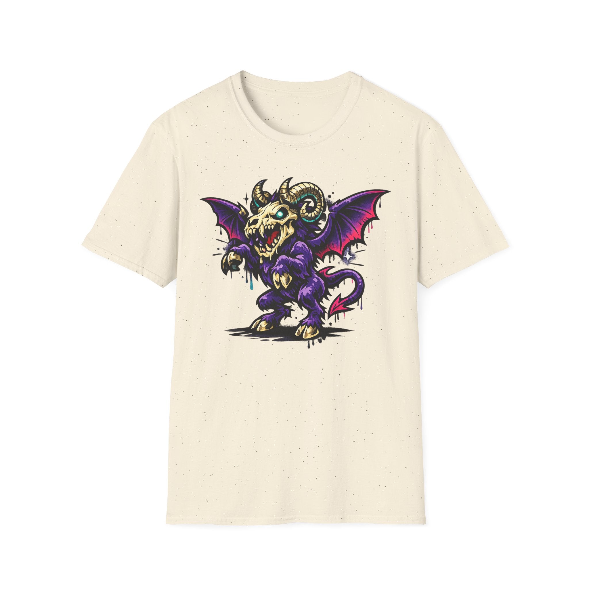 Cream short-sleeve graphic T-shirt with purple bat-skull ram creature
