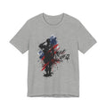 Heather gray crewneck T-shirt with soldier silhouette and red-blue brushstroke graphic, front print.