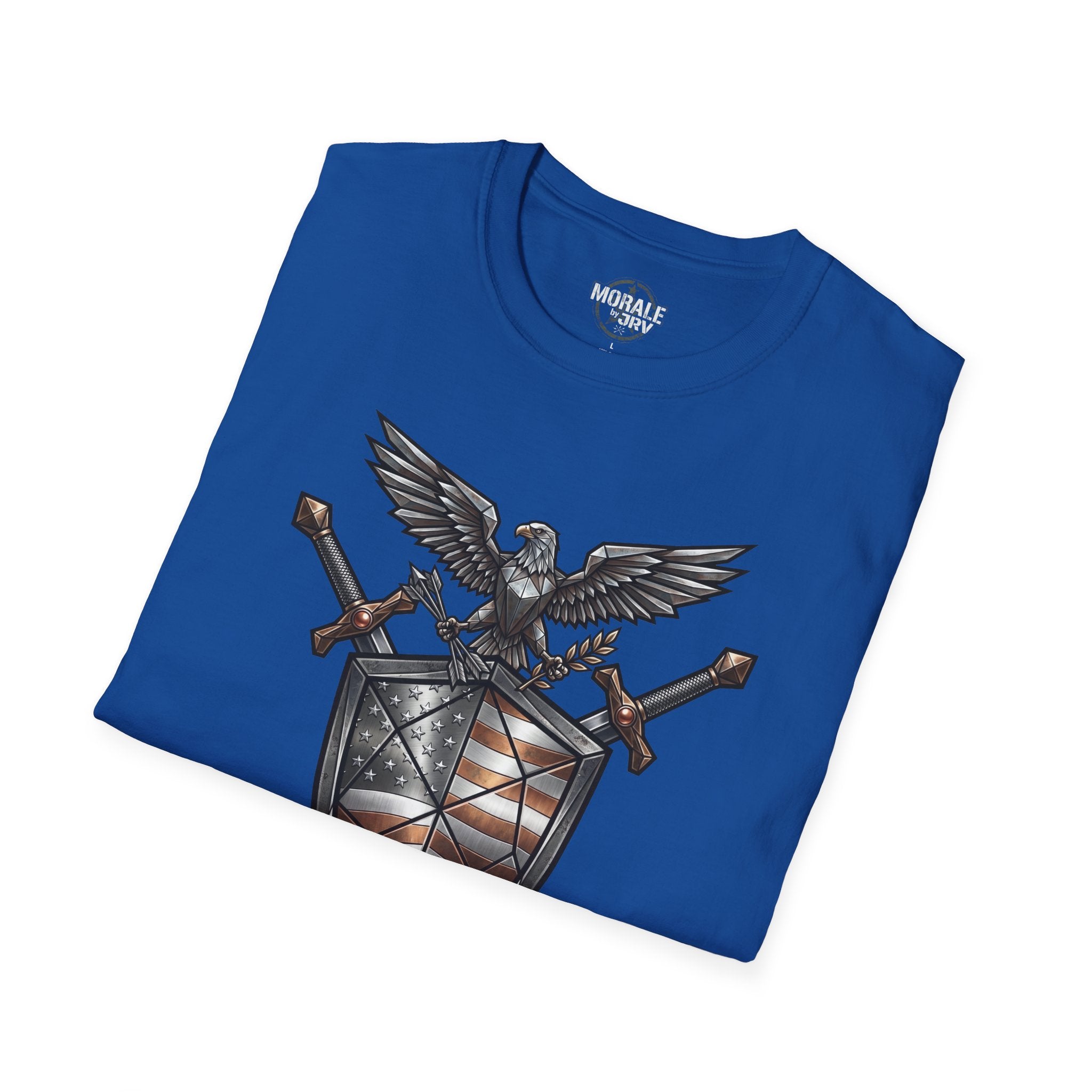 Royal blue T-shirt with eagle, crossed swords, shield and American flag crest front graphic