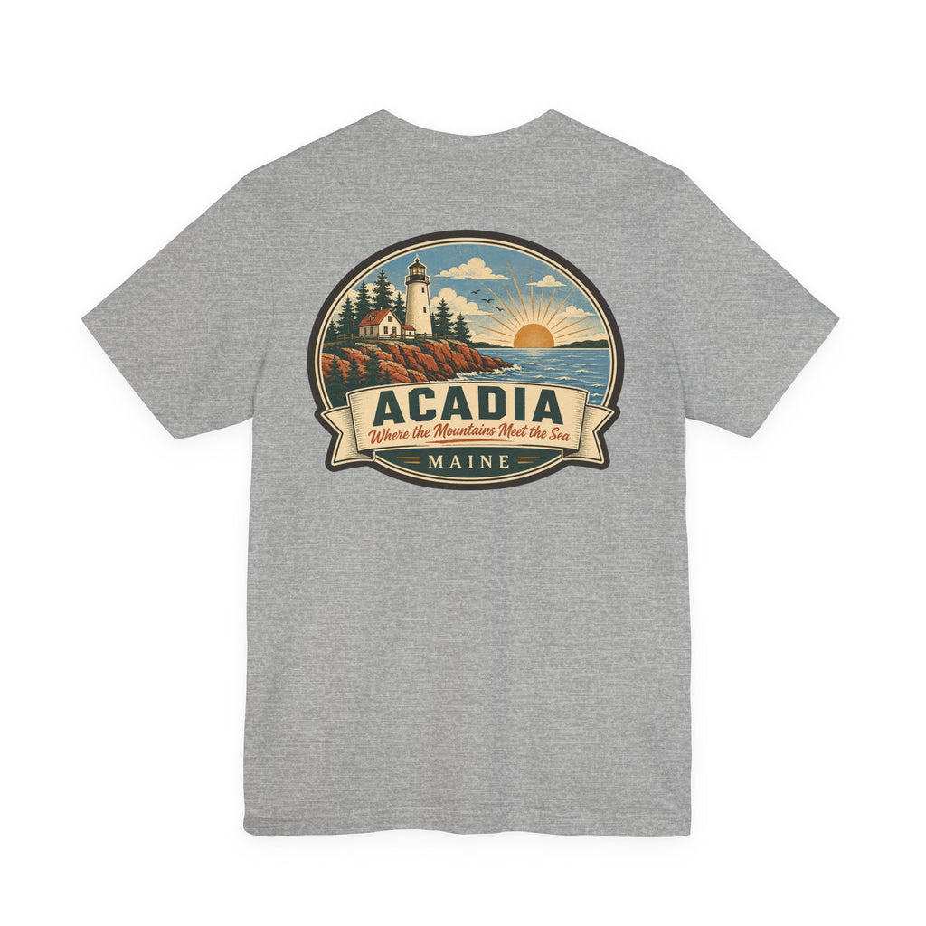 Heather grey crew-neck T-shirt with centered Acadia lighthouse graphic badge