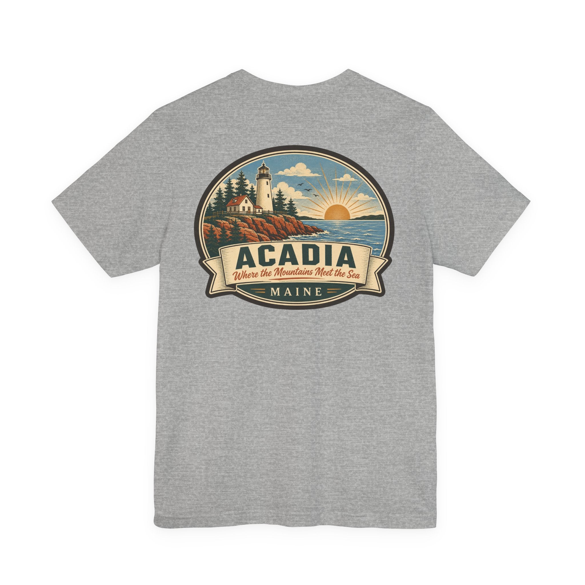 Heather grey crew-neck T-shirt with centered Acadia lighthouse graphic badge