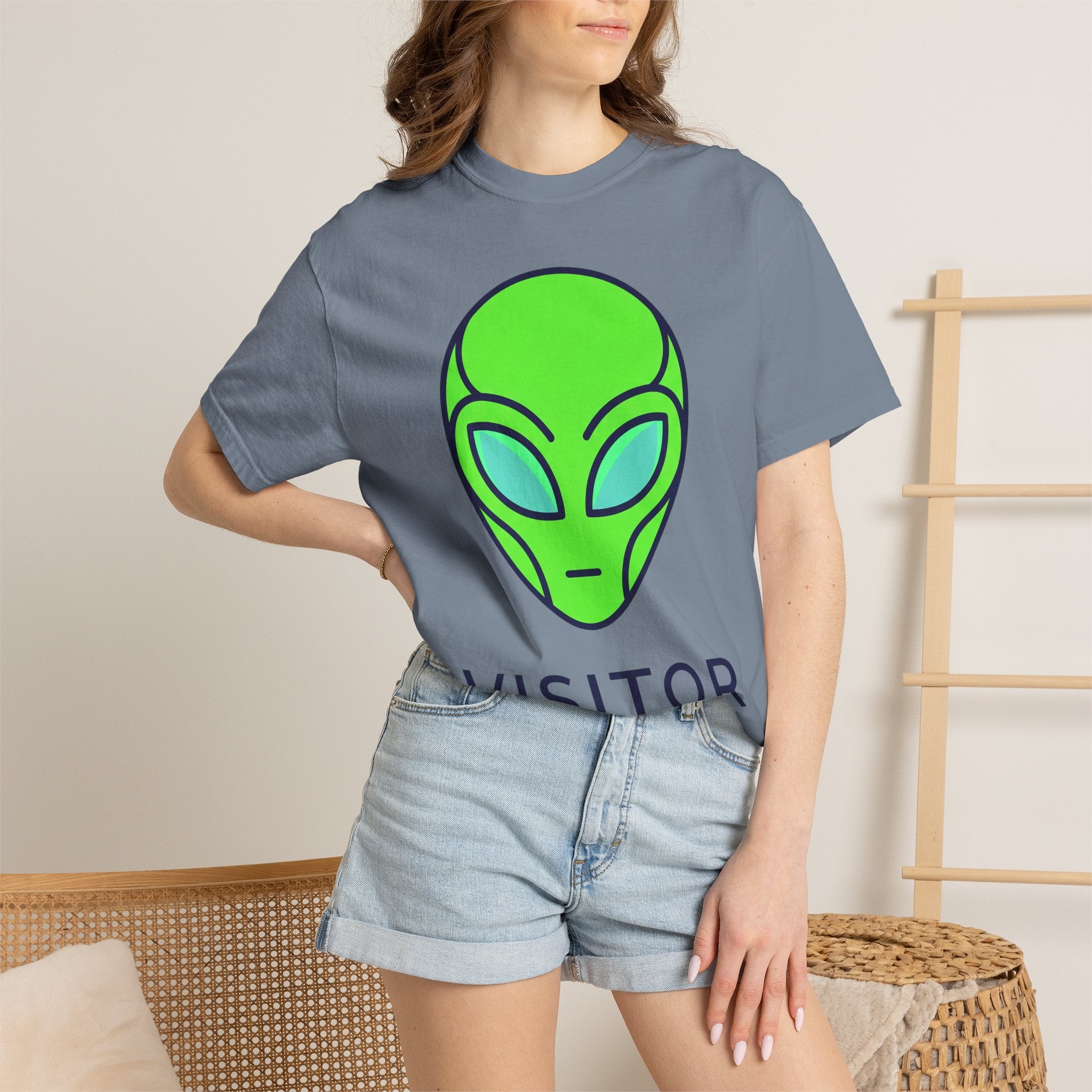 Blue-gray alien visitor T-shirt with neon green alien face graphic, crew neck