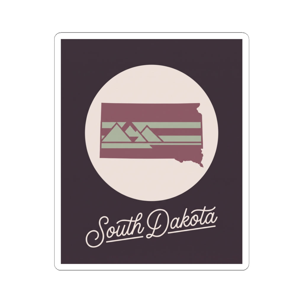 South Dakota kiss-cut decal with dark purple background, circle graphic, and cursive text