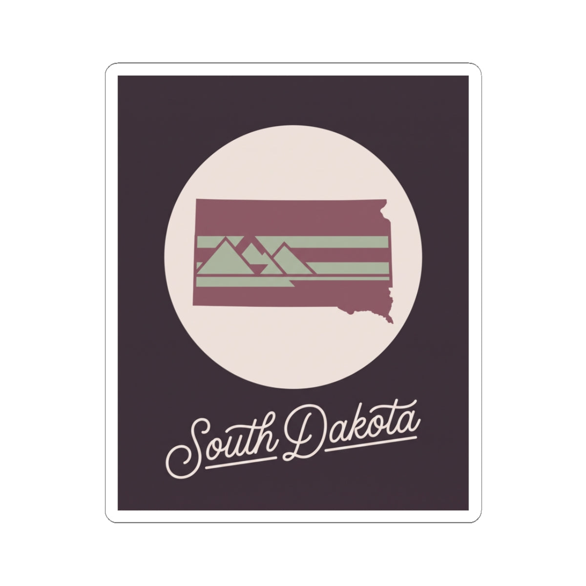 South Dakota kiss-cut decal with dark purple background, circle graphic, and cursive text