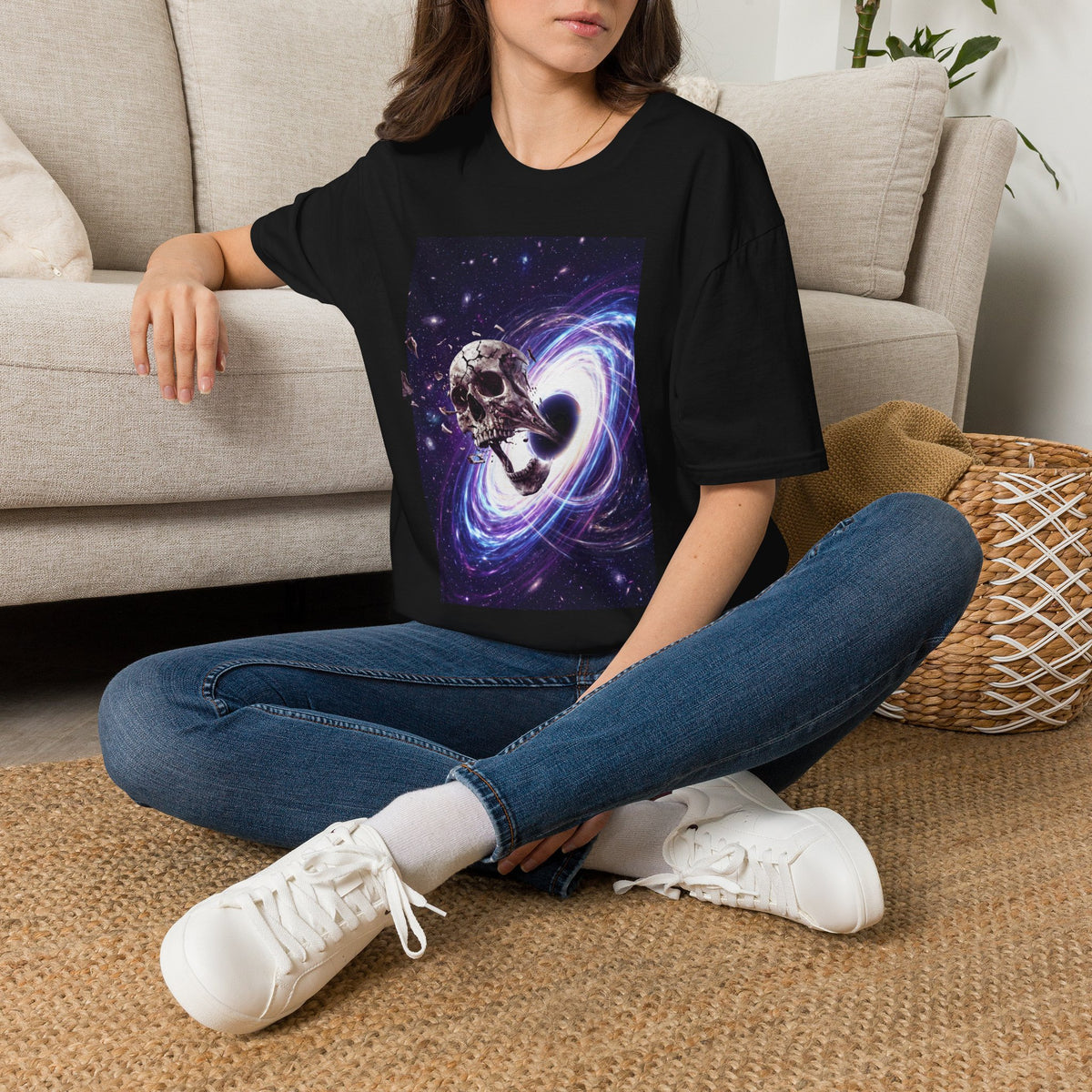 Black crew-neck t-shirt with cosmic skull galaxy swirl graphic