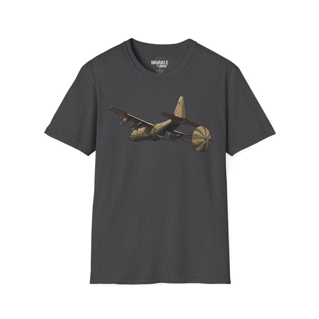 Dark heather T-shirt with vintage C-130 cargo plane graphic across the chest