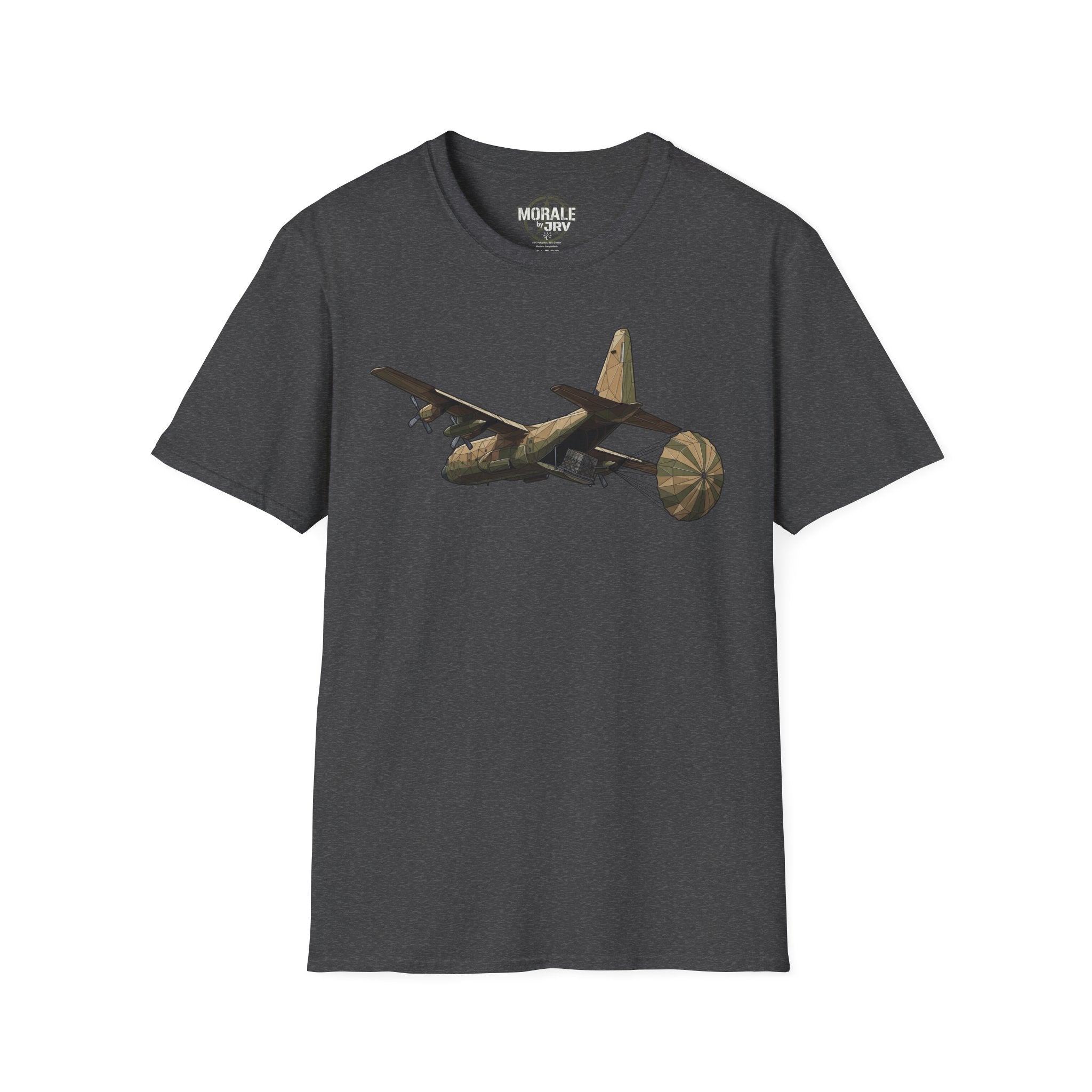 Dark heather T-shirt with vintage C-130 cargo plane graphic across the chest