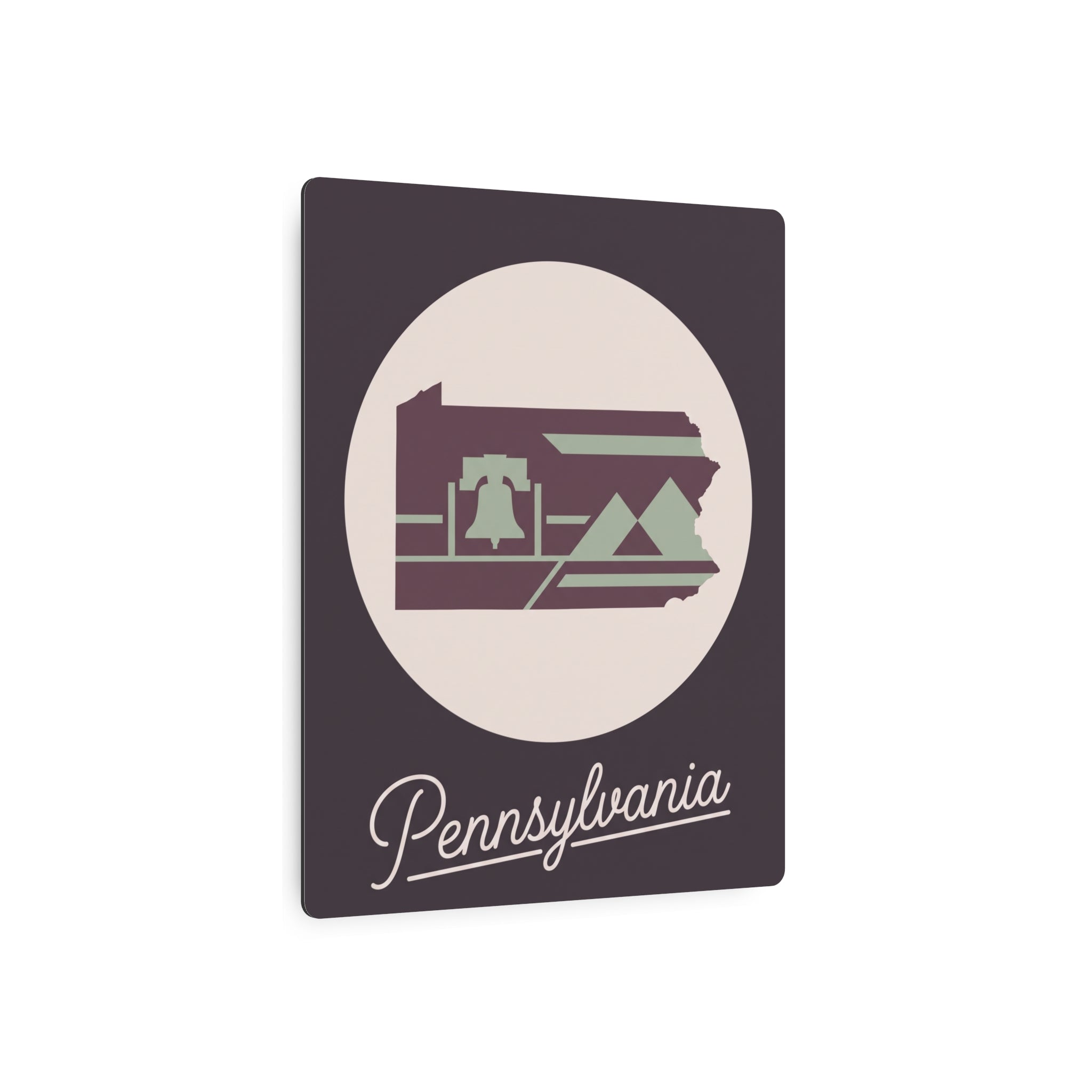 Mauve square Pennsylvania metal wall art with oval emblem and cursive “Pennsylvania”