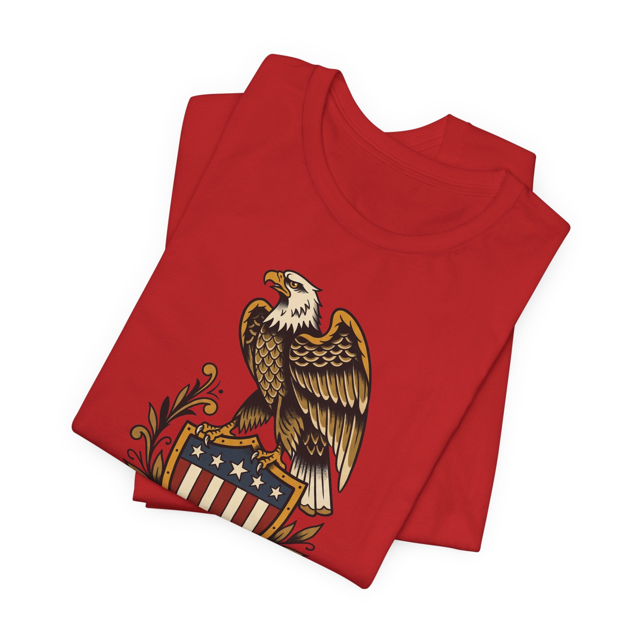 Red T-shirt set with vintage eagle and shield patriotic graphic