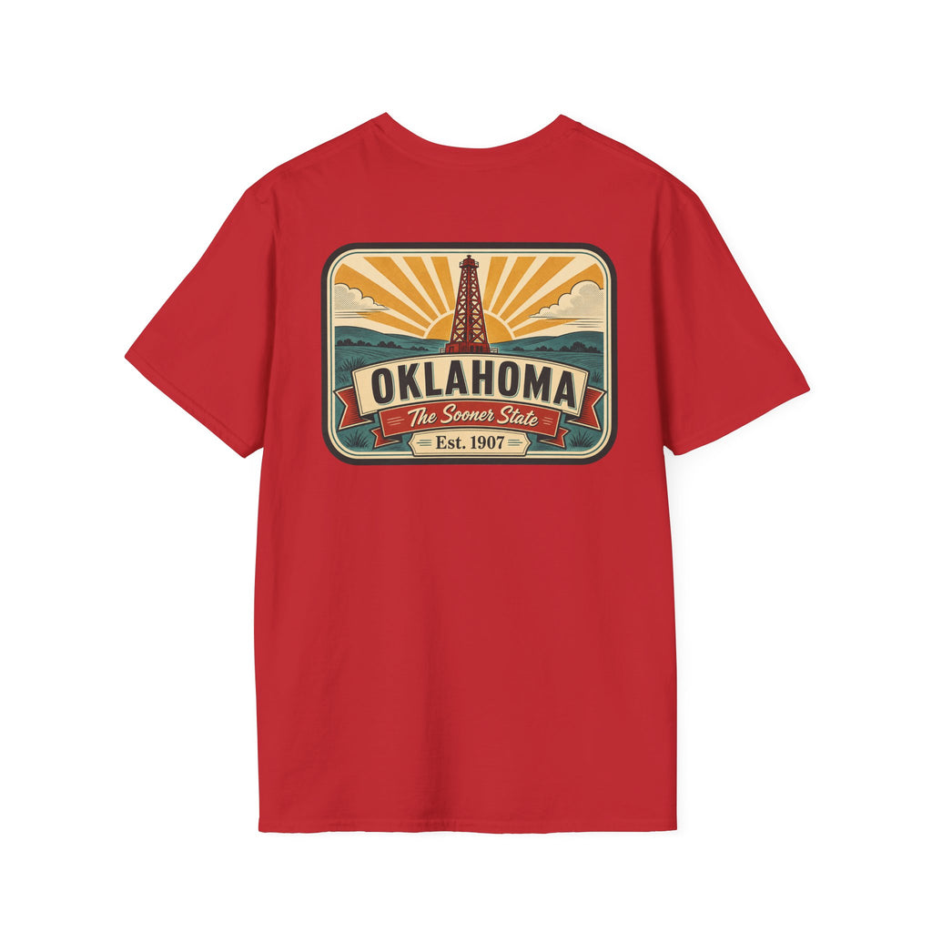 Red T-shirt with vintage-style rectangular Oklahoma oil derrick graphic on chest