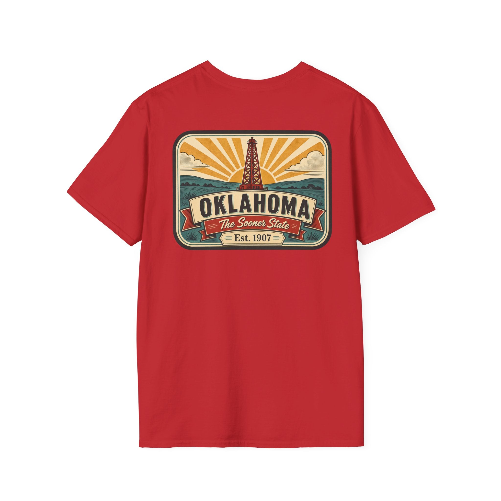 Red T-shirt with vintage-style rectangular Oklahoma oil derrick graphic on chest
