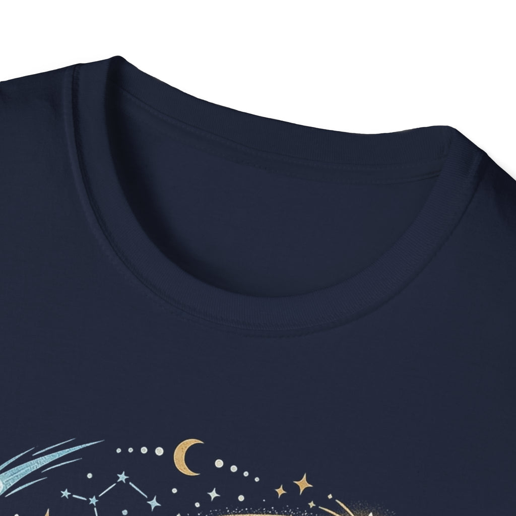 Navy graphic T-shirt, crew neck, star-and-moon quote design (detail)