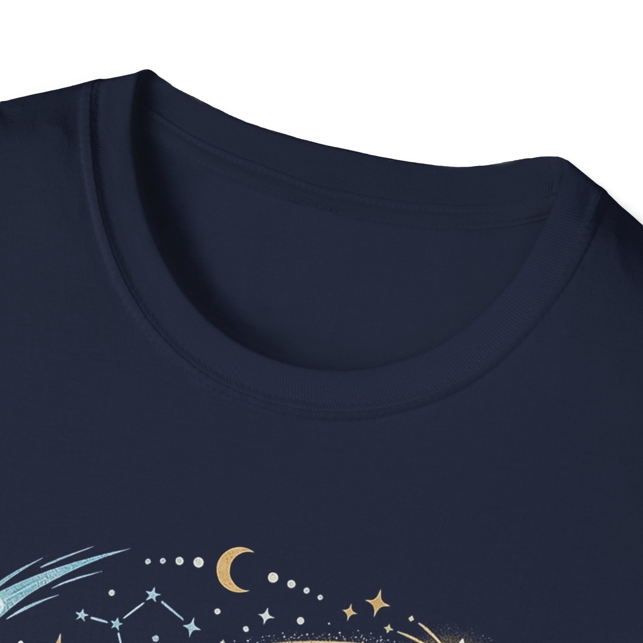 Navy graphic T-shirt, crew neck, star-and-moon quote design (detail)