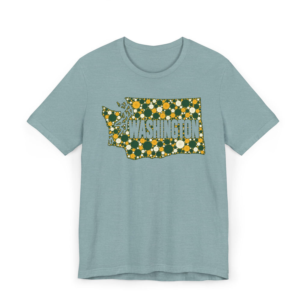 Light blue T-shirt with dotted Washington outline floral graphic in green and gold