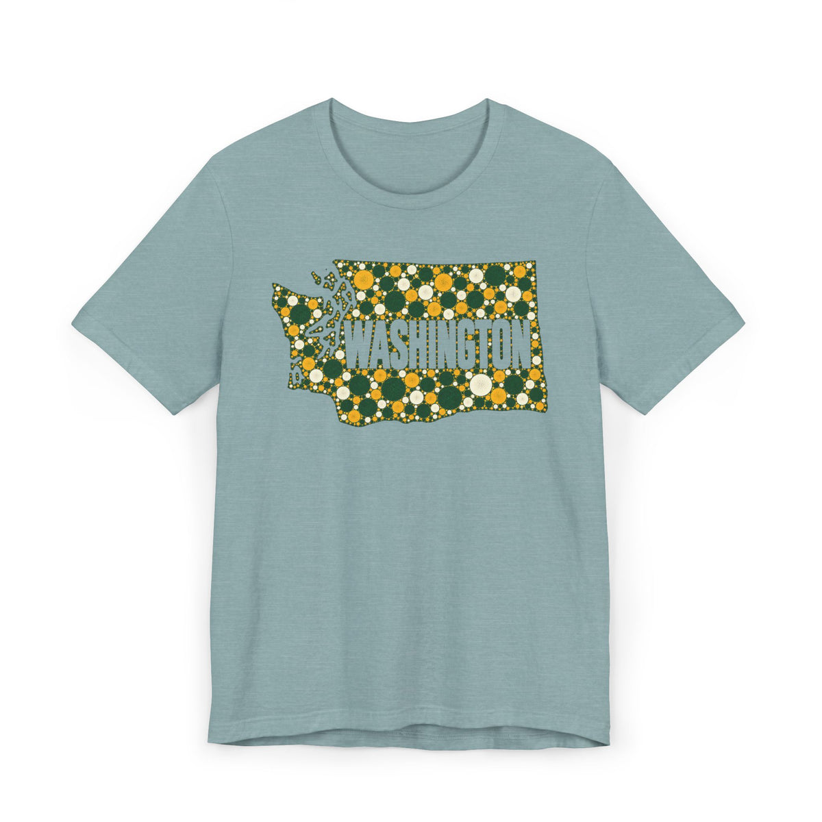 Light blue T-shirt with dotted Washington outline floral graphic in green and gold