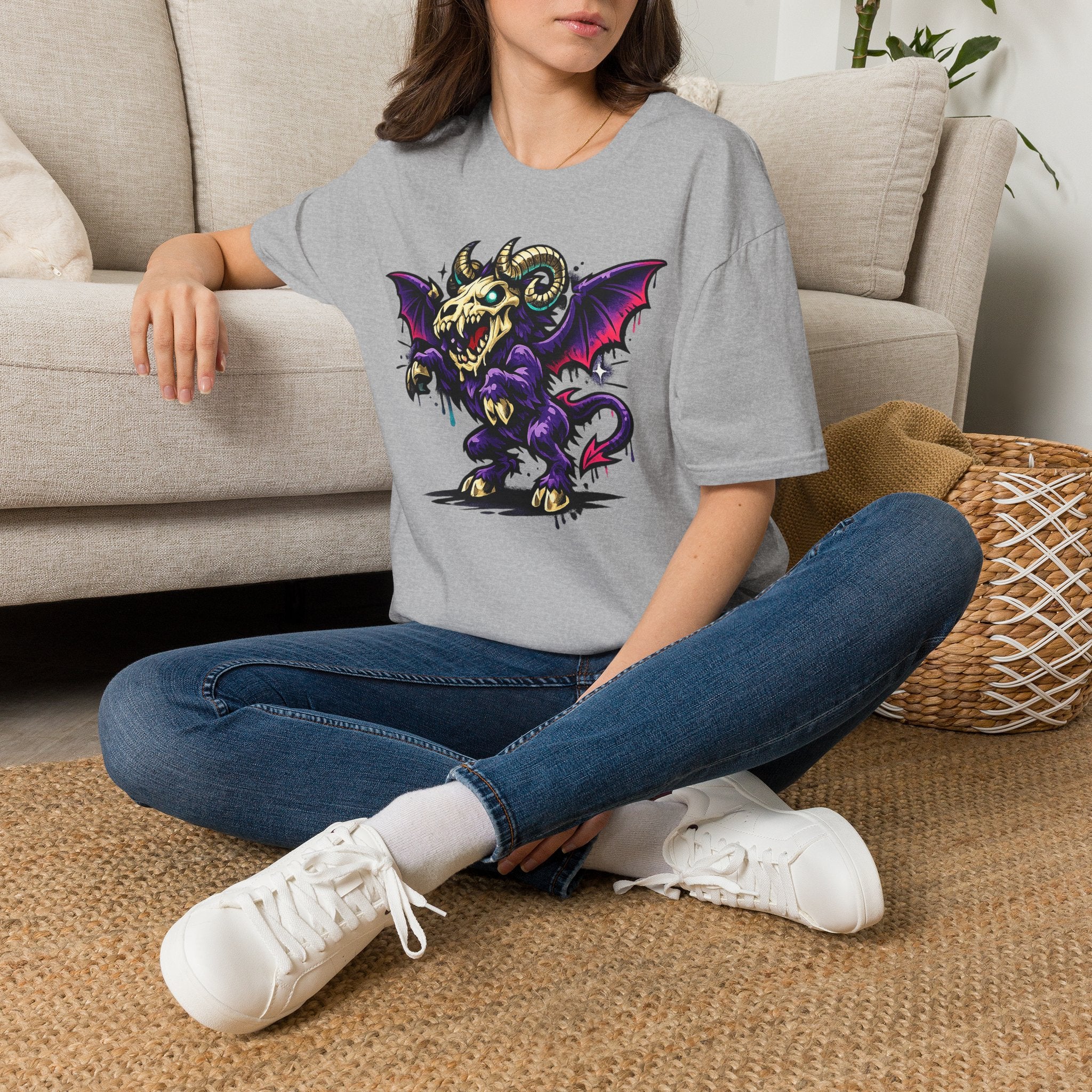 Sport grey graphic monster t-shirt featuring a bat-winged ram skull demon design