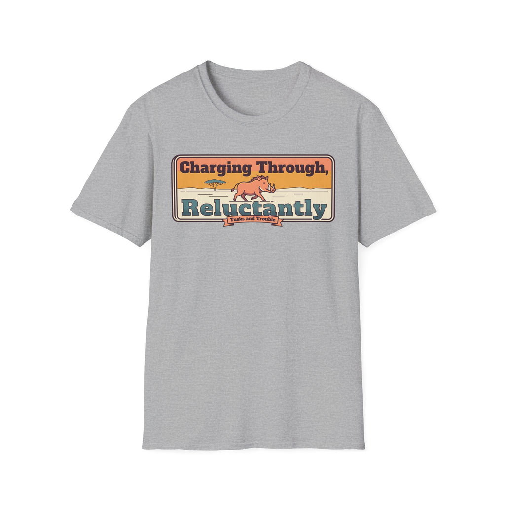Light gray crewneck T-shirt with front retro banner rhino graphic