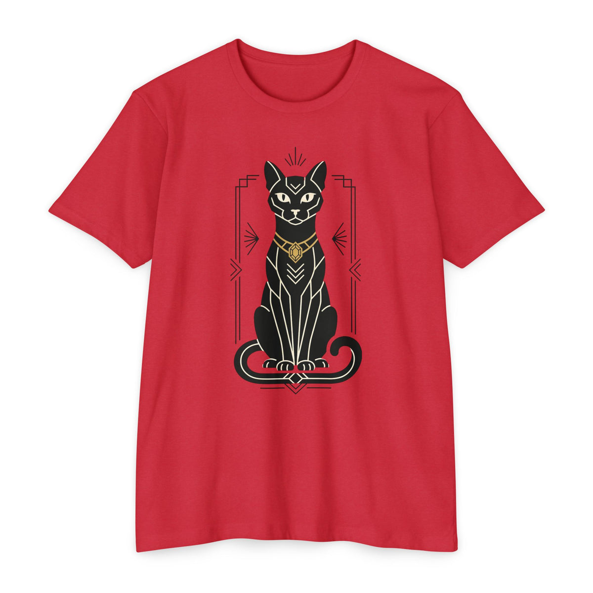 Red crew-neck T-shirt with Egyptian cat graphic on the chest