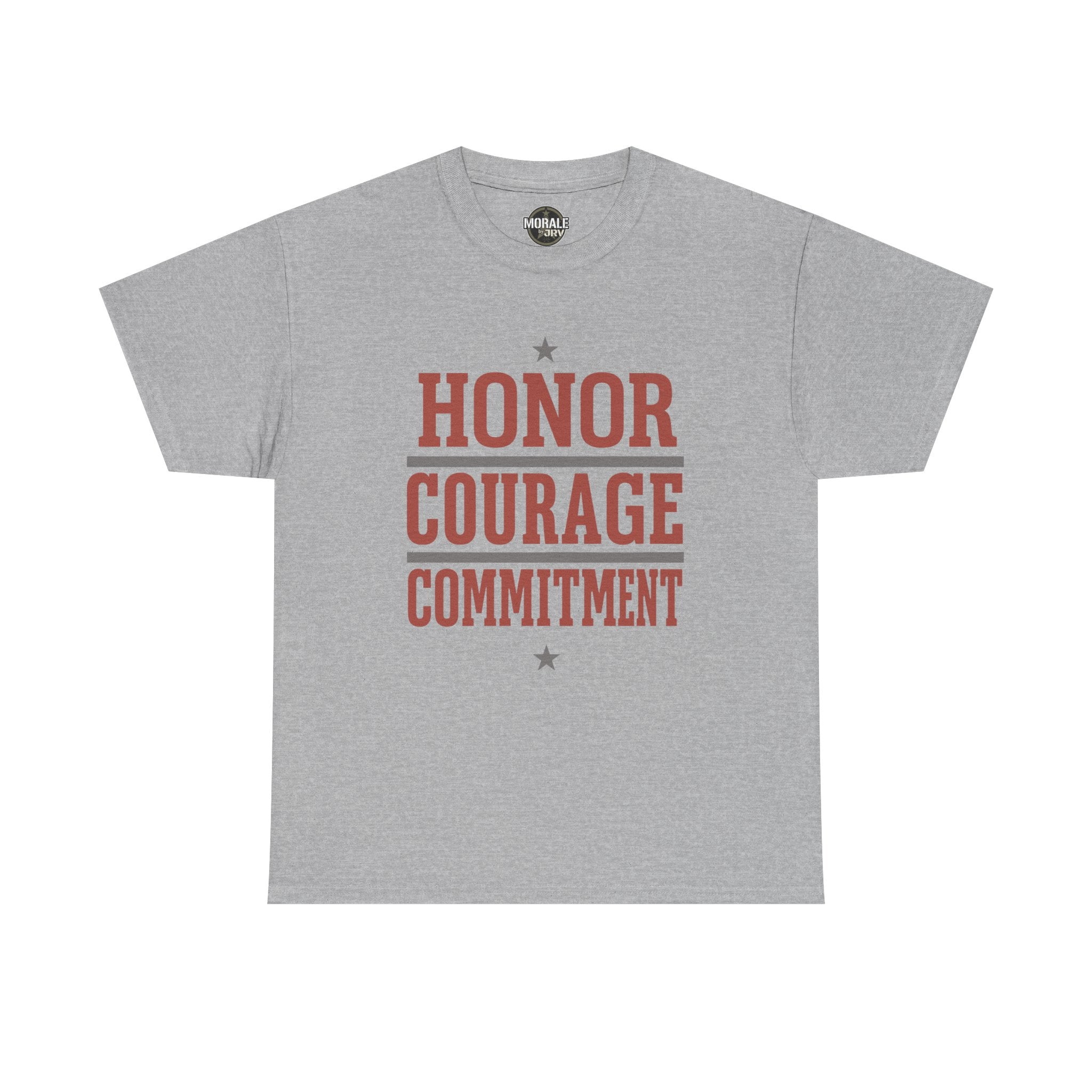 Heather gray crew-neck T-shirt with HONOR COURAGE COMMITMENT graphic and stars