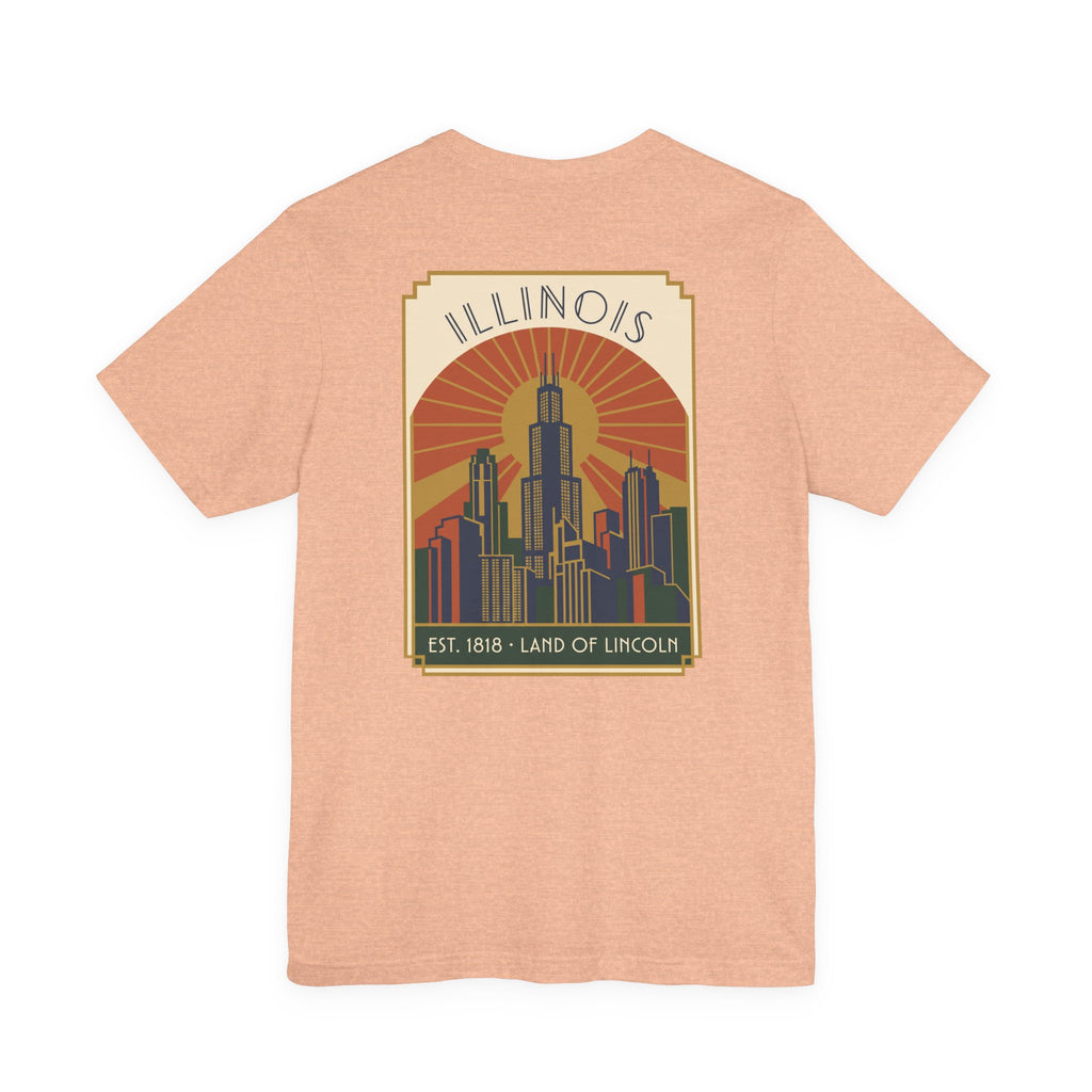 Light peach art deco T-shirt with Illinois skyline graphic and retro sunset badge