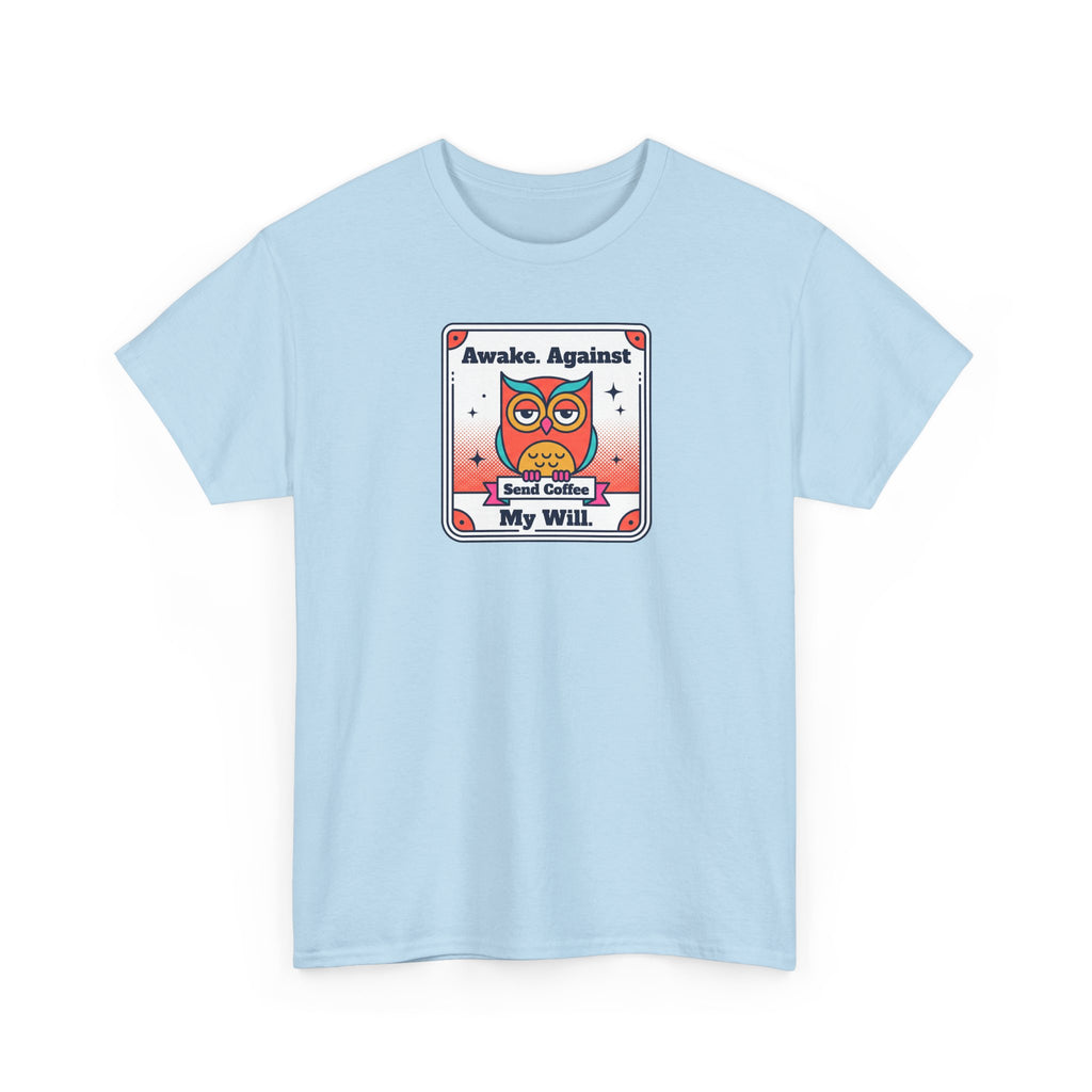 Light blue crew-neck T-shirt with colorful owl coffee graphic on the front.