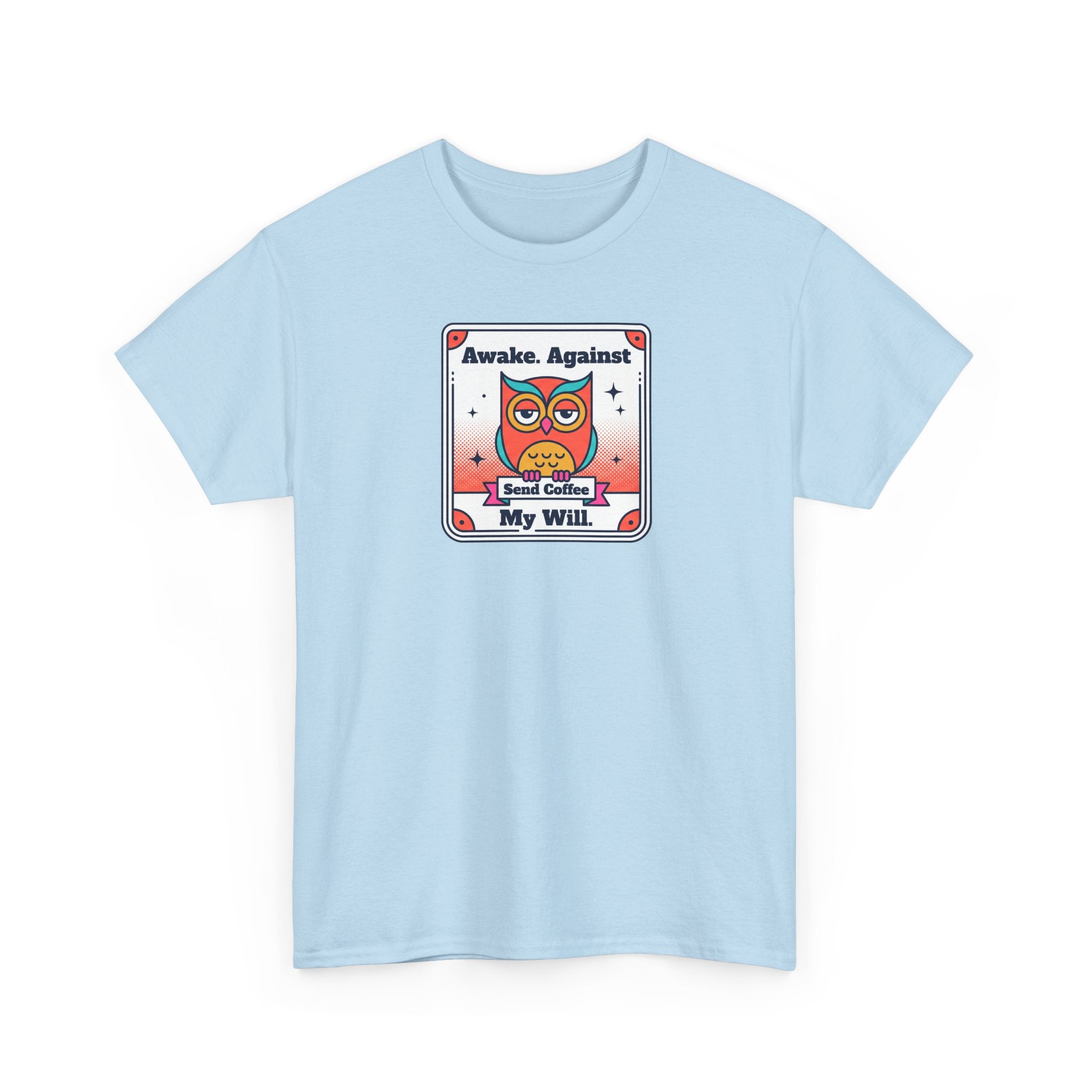 Light blue crew-neck T-shirt with colorful owl coffee graphic on the front.