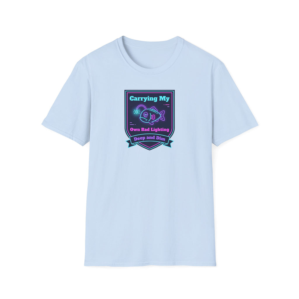 Light blue T-shirt with chest neon anglerfish logo graphic