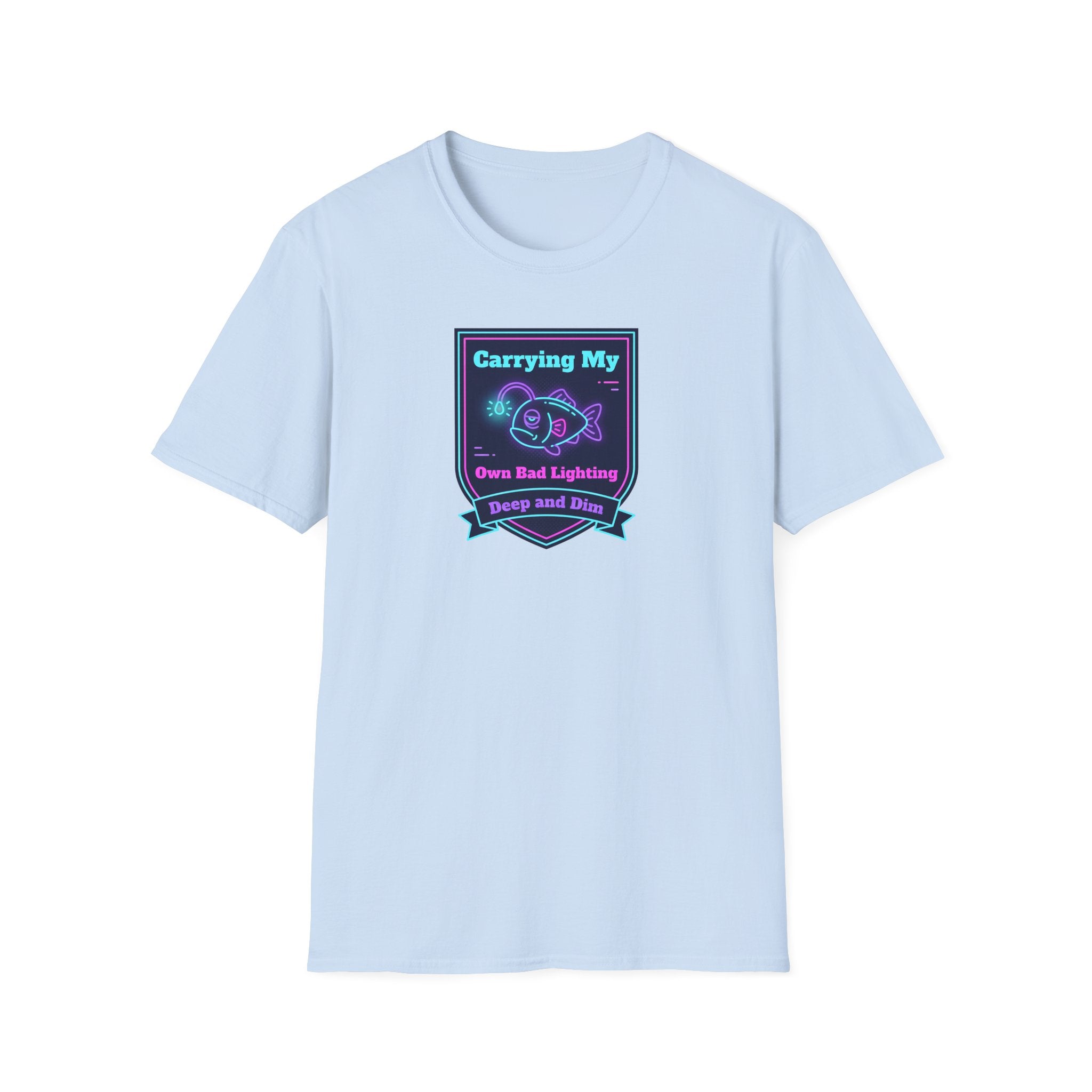 Light blue T-shirt with chest neon anglerfish logo graphic